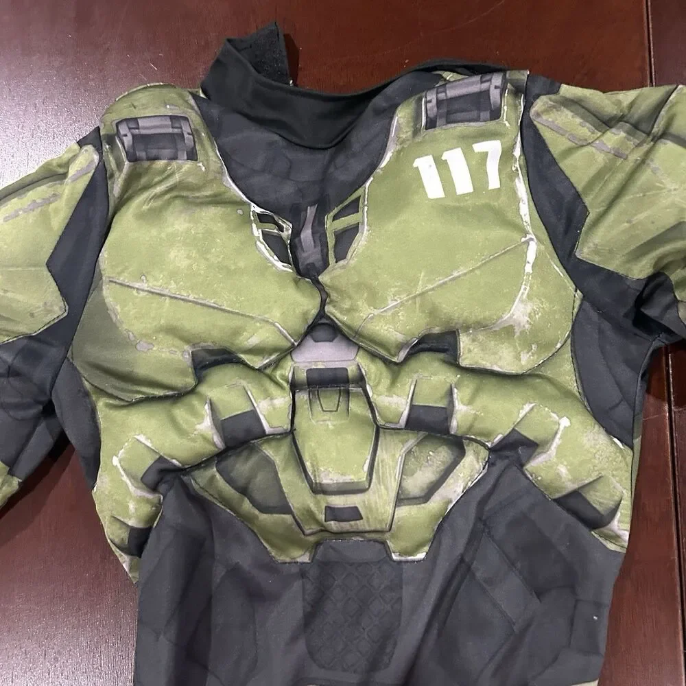 Halo Infinite Master Chief Costume Kids Size 14 Green Jumpsuit Helmet Halloween